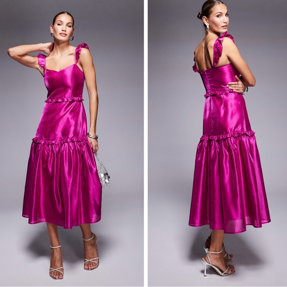 Lulus‎ Effervescent Aesthetic Magenta Tiered Ruffled Midi Dress XL Festive